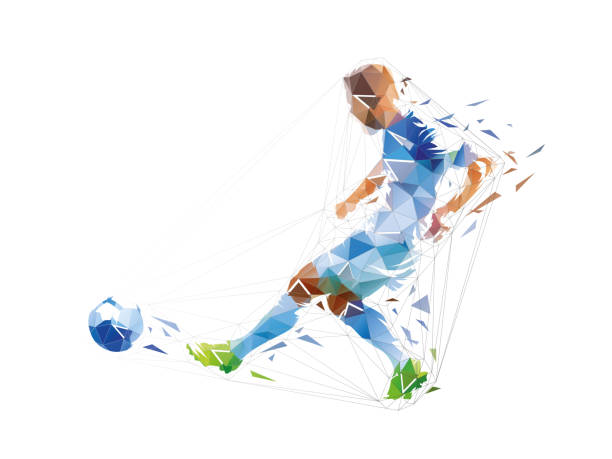 istock Soccer player kicking ball, low polygonal footballer. Geometric isolated vector illustration from triangles 1446983457