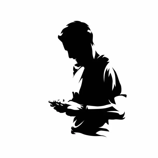 Vector illustration of Man holding cell phone and typing message, abstract isolated vector silhouette. Ink drawing, side view