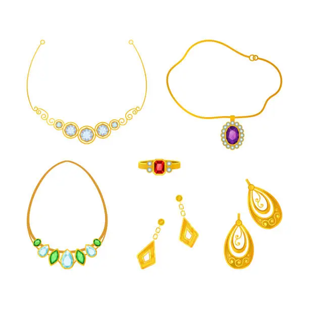 Vector illustration of Jewellery or Jewelry Items and Personal Adornment with Ring, Necklace and Earrings Vector Set