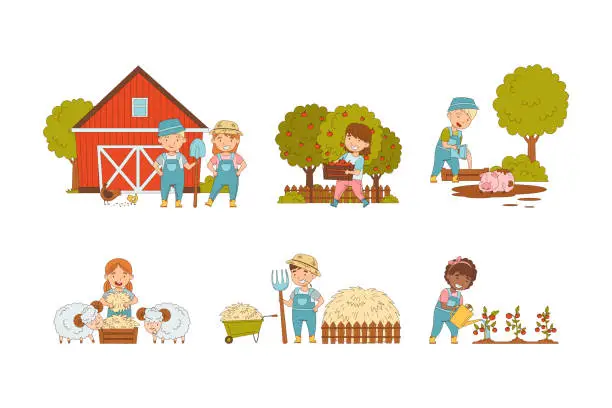 Vector illustration of Little Children Working on the Farm Feeding Livestock, Harvesting and Gardening Vector Set