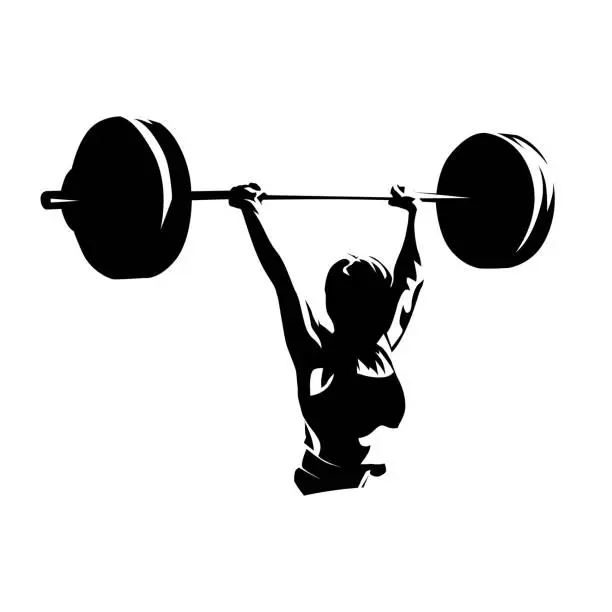 Vector illustration of Weightlifting, woman lifting big barbell, isolated vector silhouette, ink drawing