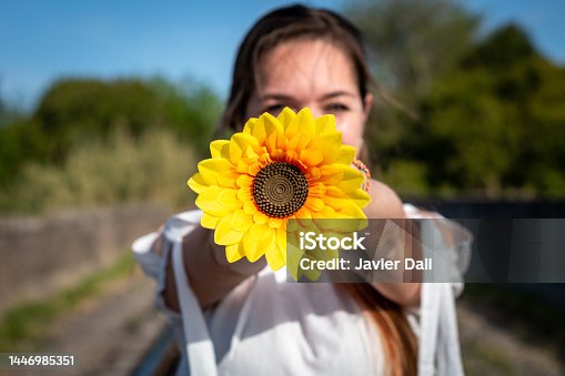 istock Woman in summer with colorful sunflower. 1446985351