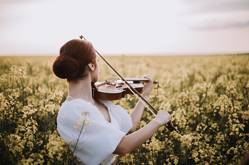 Beautiful ginger hair girl holding violin in field