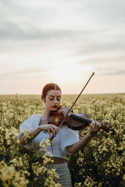 Beautiful ginger hair girl holding violin in field stock photo