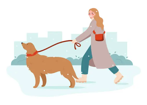 Vector illustration of Young woman walking with dog. Pet owner strolling with his dog on leash.