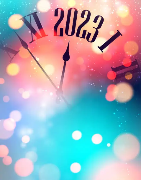 Vector illustration of Half hidden clock showing 2023 with colorful bokeh lights.