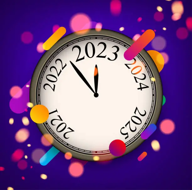 Vector illustration of Clock showing 2023 on purple background.