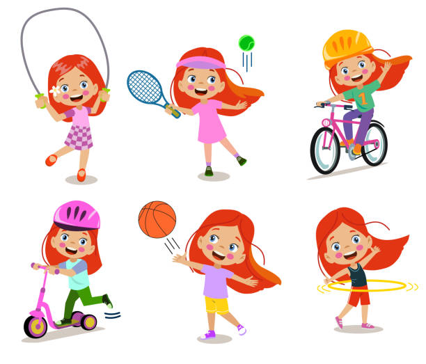 stockillustraties, clipart, cartoons en iconen met funy kid doing different activities - girls gym