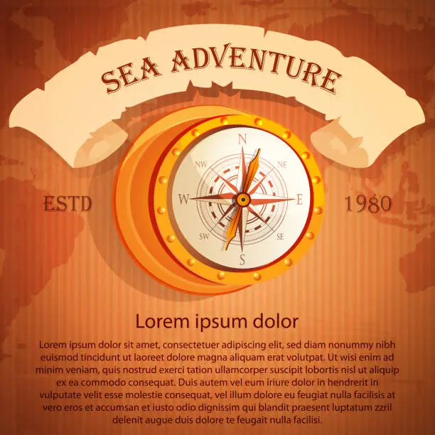 Vector illustration of Paper background in nautical retro nautical style. Nautical compass on a cardboard background with a world map with space for text.
