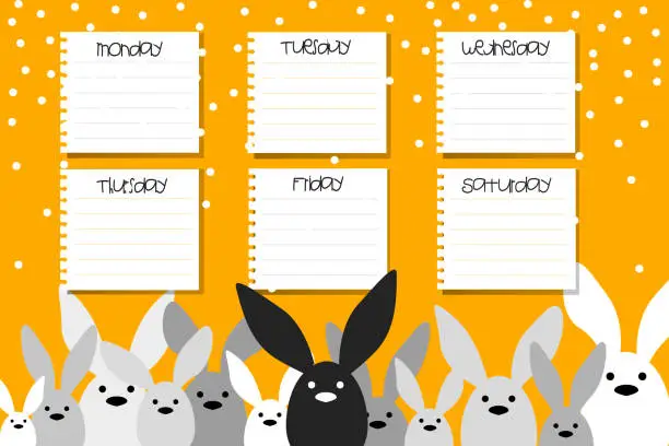 Vector illustration of Weekly, planning diary in New Year's festive style. The symbol of the new year 2023 is rabbits on a bright colored background of snowflakes.