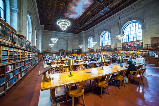 Shot of an empty contemporary library with books stacked on the shelves during the day