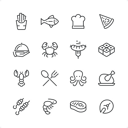 Grilled Food & Seafood icons set #29

Specification: 16 icons, 64×64 pх, editable stroke weight! Current stroke 2 pt. 

Features: pixel perfect, unicolor, editable stroke weight, thin line. 

First row of icons contains:
French Fries, Fish, Chef's Hat, Pizza;

Second row contains:
Serving Tray in Human hand, Crab, Grilled Sausage on Fork, Sushi;

Third row contains:
Lobster, Restaurant, Octopus - Seafood, Cooked roast chicken;

Fourth row contains:
Kebab, Shrimp - Seafood, Steak, Fish Fillet.


Complete Cubico collection — https://www.istockphoto.com/uk/collaboration/boards/_R8CZuIXmUiUCIbekezhFA