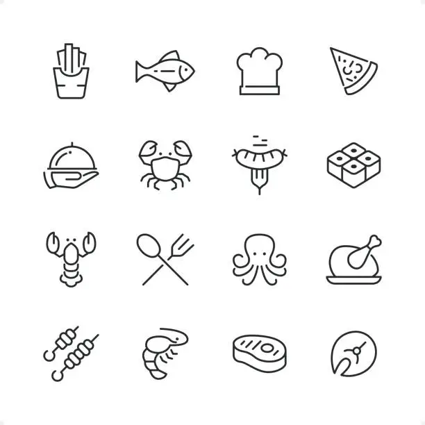 Vector illustration of Grilled Food & Seafood - Pixel Perfect line icon set, editable stroke weight.