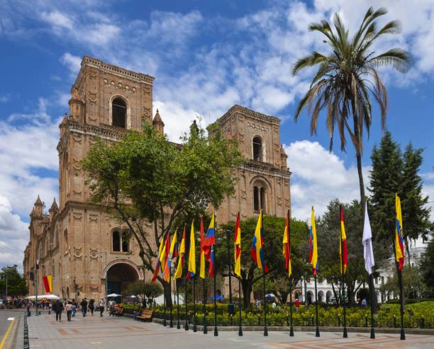 Panoramic view of the historical center of city Cuenca at the valley with its many churches. View from the north hill. Ecuador