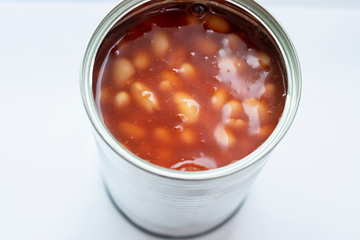 close up of can with baked beans