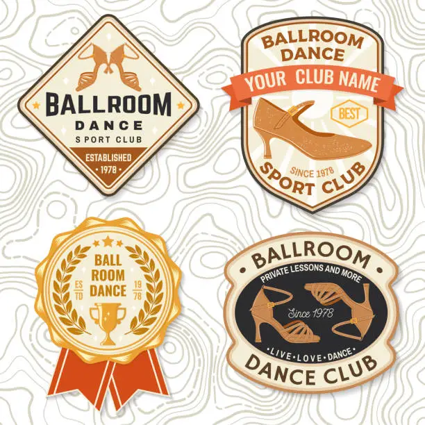 Vector illustration of Ballroom dance sport club badge, logo, patch. Concept for shirt or logo, print, stamp or tee. Dance sport sticker with trophy cup, shoes for ballroom dancing silhouette. Vector illustration.
