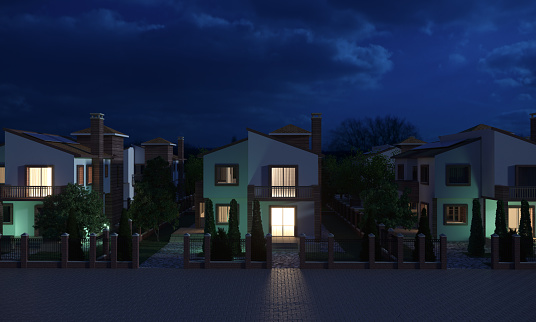 Dwelling exterior scene includes houses with solar panels, night scene . (3d render)