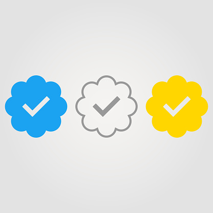 Set of icons of a verified user of social networks. The blue and gold signs are filled in, the gray is outlined. The checkmark confirms your verified profile. Vector illustration.