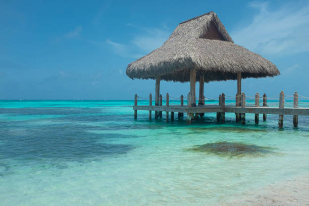 istock Caribbean beach cabin with clear sea water and blue sky 1447006048