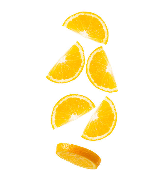 istock Six slices of oranges isolated on white background 1447006345