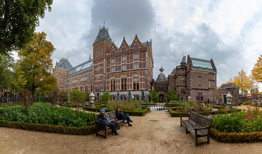 Amsterdam, Netherlands - October 14, 2022: A picture of a side garden on the Rijksmuseum, in Amsterdam, in the fall.
