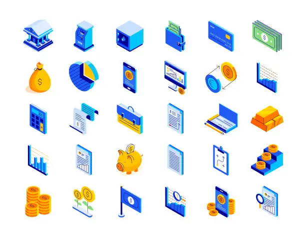 Vector illustration of Accounting Isometric Icon Set and Three Dimensional Design. Money, Tax Form, Budget, Wealth, Expenses, Revenue, Calculator, Accountancy, Banking, Economy, Finance, Cash Flow, Currency, Mathematics.