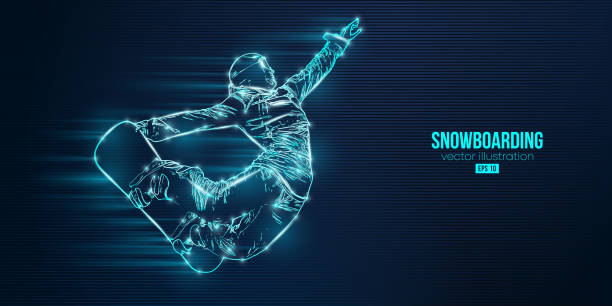 ilustraciones, imágenes clip art, dibujos animados e iconos de stock de silueta abstracta de un snowboard sobre fondo azul. el hombre snowboarder haciendo un truco. talla. ilustración vectorial - freeride