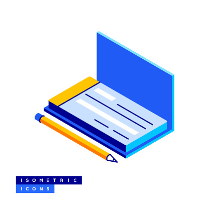 Check Book Isometric Icon Concept and Three Dimensional Design. Payment, Credit, Credit Score, Money, Checkbook.