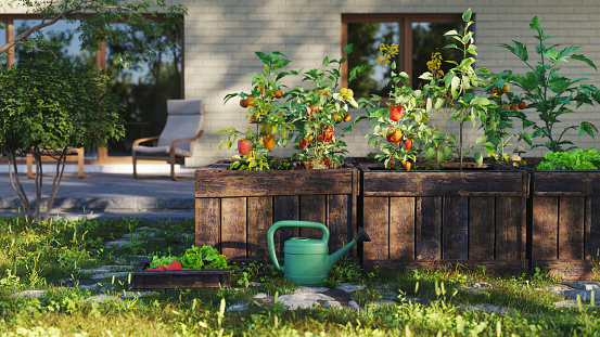 Pot of herbs on a wooden workbench countertop background at a workshop