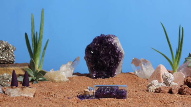 Chakra Stones and Flowers on Australian Red Sand stock photo