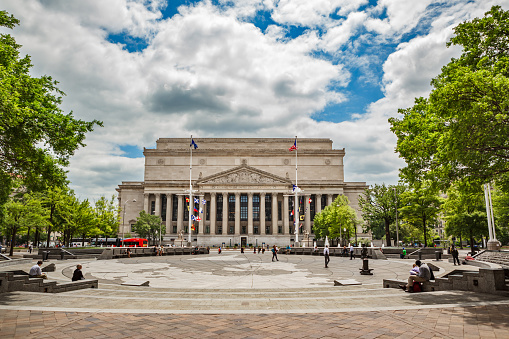 Washington, DC USA - May 13, 2015: National Archives building from the US Navy Memorial Plaza located on Pennsylvania Avenue in Washington, DC.