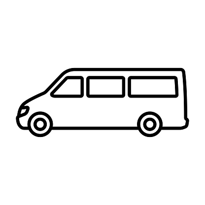 Minibus icon. Small passenger bus. Minivan. Black contour linear silhouette. Side view. Editable strokes. Vector simple flat graphic illustration. Isolated object on a white background. Isolate.