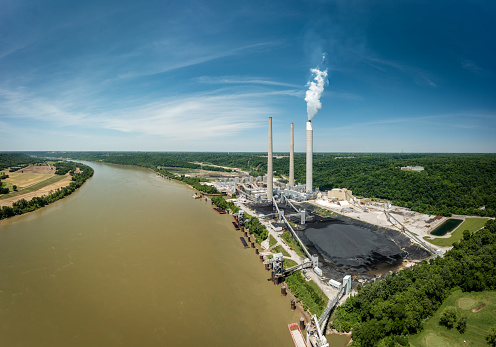 Aerial view of a coal-fired power plant by the Ohio River