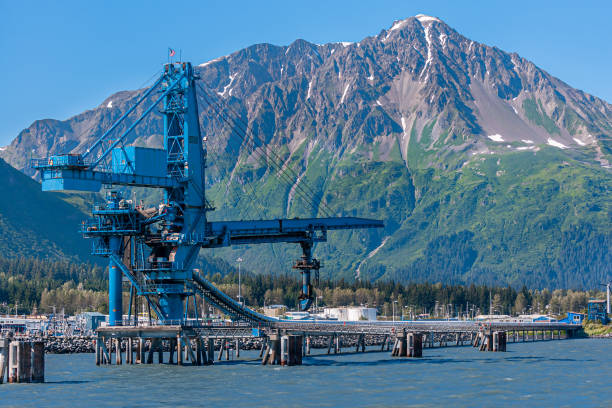 Closeup SUNEEL coal crane and transport belt on pier, Seward, Alaska, USA stock photo