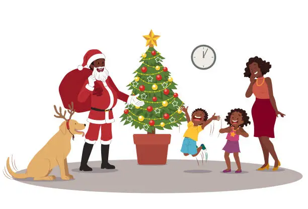 Vector illustration of Visit from Santa Claus and the joy of children