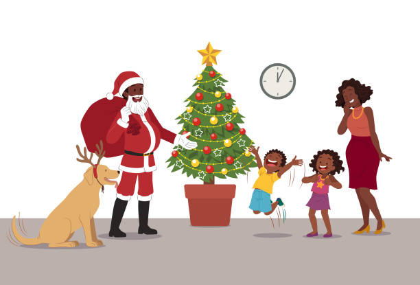 Visit from Santa Claus and the joy of children Father dressed as Santa Claus and dog with reindeer antlers cheering up his children's Christmas Eve diverse family christmas stock illustrations