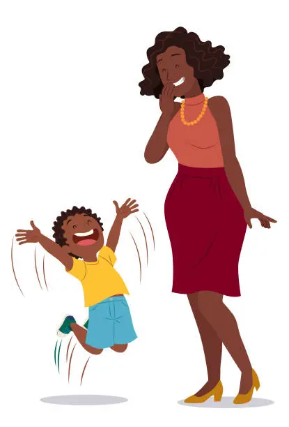 Vector illustration of Happy boy and his mother laughing