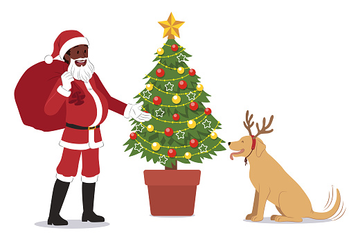 Man dressed as Santa Claus and dog with reindeer antlers