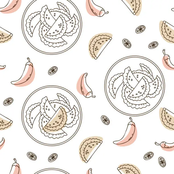Vector illustration of Seamless pattern with Mexican Empanadas on white background with chili peppers. Vector illustration latin american food in linear hand drawing doodle style for wallpaper, packaging, textile.