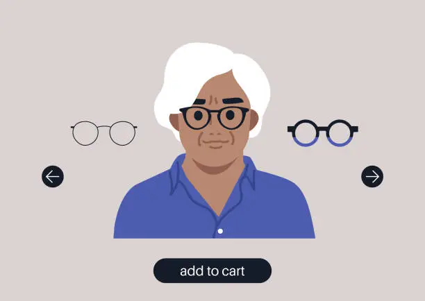 Vector illustration of Virtual glasses try on tool, a senior female Caucasian character portrait wearing different frames