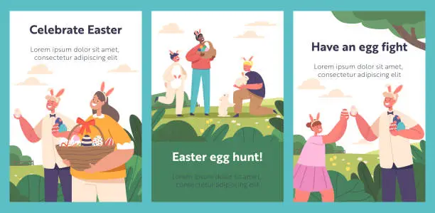 Vector illustration of Cartoon Banners with Happy Kids Hunt Eggs during Easter Event Celebration in Spring Garden Vector Posters