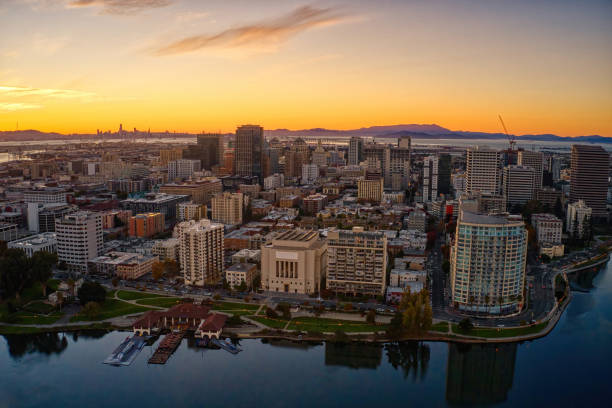 Aerial View of Downtown Oakland, California at Dusk stock photo