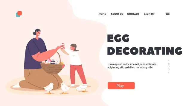 Vector illustration of Egg Decorating Landing Page Template. Happy Family Celebrate Easter. Mother with Basket Full of Painted Eggs