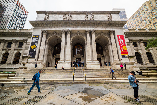 NEW YORK, USA - September 25, 2018: NEW YORK PUBLIC LIBRARY (NYPL) in Manhattan. New York Public Library is the second largest public library in the United States and the third largest in the world.