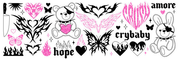 ilustrações, clipart, desenhos animados e ícones de adesivos rosa glamour y2k no estilo gótico emo moderno dos anos 2000. borboleta, urso kawaii, chama, coração etc. - goth