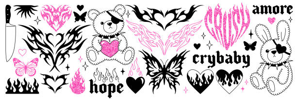 Y2k glamour pink stickers in trendy emo goth 2000s style. Butterfly, kawaii bear, flame, heart etc. Y2k glamour pink stickers. Butterfly, kawaii bear, fire, flame, chain, heart, tattoo and other elements in trendy emo goth 2000s style. Vector hand drawn icon. 90s, 00s aesthetic. Pink, black colors. goth stock illustrations