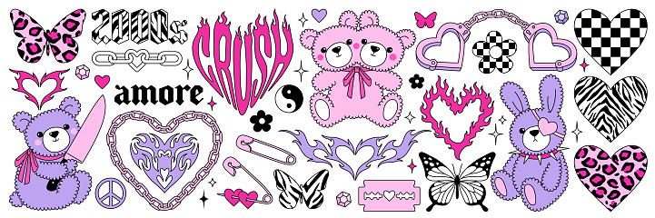 Y2k glamour pink stickers. Butterfly, kawaii bear, fire, flame, chain, heart, tattoo and other elements in trendy emo goth 2000s style. Vector hand drawn icon. 90s, 00s aesthetic. Pink pastel colors.