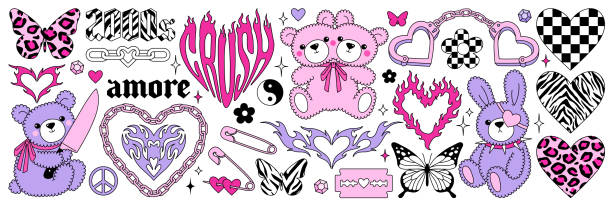 Y2k glamour pink stickers in trendy emo goth 2000s style. Butterfly, kawaii bear, flame, heart etc. Y2k glamour pink stickers. Butterfly, kawaii bear, fire, flame, chain, heart, tattoo and other elements in trendy emo goth 2000s style. Vector hand drawn icon. 90s, 00s aesthetic. Pink pastel colors. emo stock illustrations