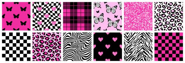 Y2k glamour pink seamless patterns. Backgrounds in trendy emo goth 2000s style. Y2k glamour pink seamless patterns. Backgrounds in trendy emo goth 2000s style. Butterfly, heart, chessboard, mesh, leopard, zebra. 90s, 00s aesthetic. Pink pastel colors. emo stock illustrations
