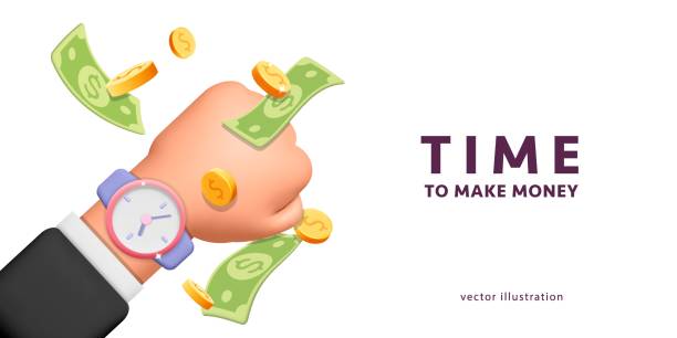 3d vector man hand with alarm clock timer and flying banknote money and coins around making money banner design illustration 3d vector cartoon render man arm with hand watch or alarm clock and flying around dollar banknote and coins banner design. Making money, investment, business success, annual revenue concept isolated on white background. arm span stock illustrations